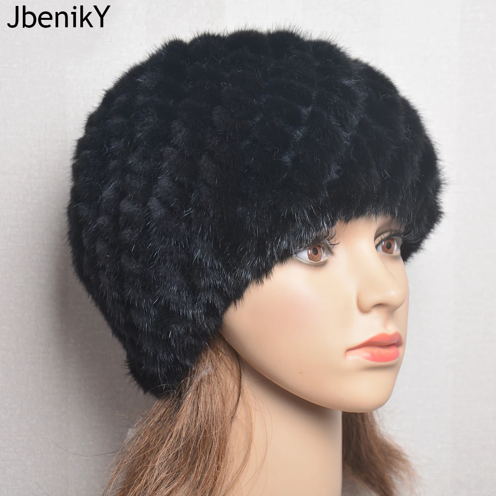 

2024 New Winter Lady Natural Mink Fur Beanies Hat Knit Warm Striped Genuine Mink Fur Caps Women Good Elastic Real Mink Fur Hat