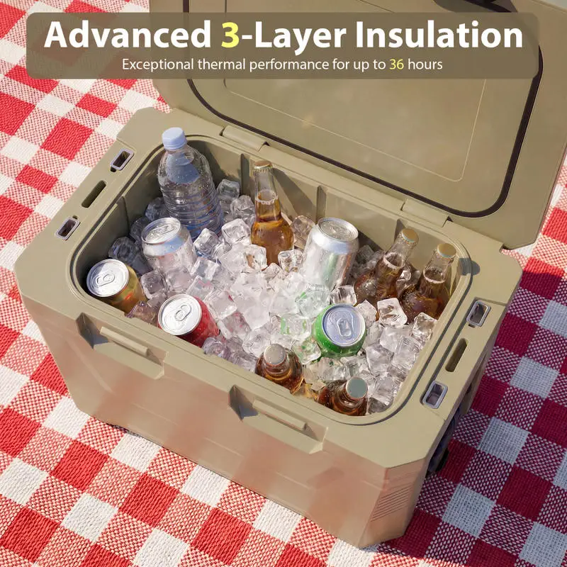 

Insulated Portable Cooler Hard Shell Ice Chest with 2 Cup Holders Bottle Opener and Drain Plug-Sand Color