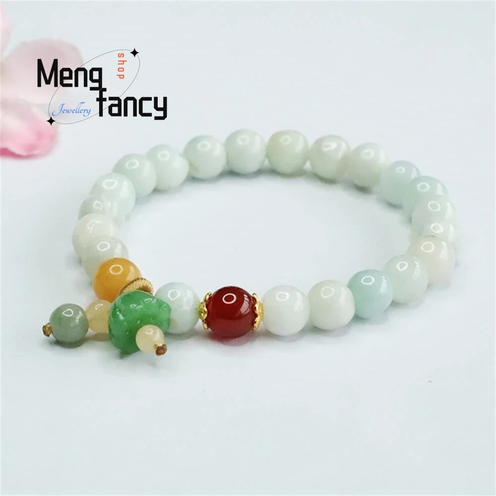 Natural Burmese Jadeite String Lotus Colourful Bracelet Exquisite Elegant Simple High-grade Best Selling Luxury Fashion Jewelry