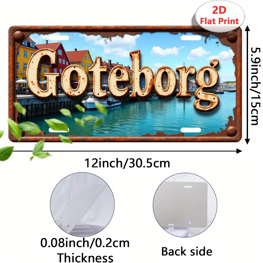 Vintage Gothenburg Sweden Metal Wall Decor, Retro Swedish City Sign Maritime Harbor Design, Large 12x5.9 Inch Lightweight Alumin