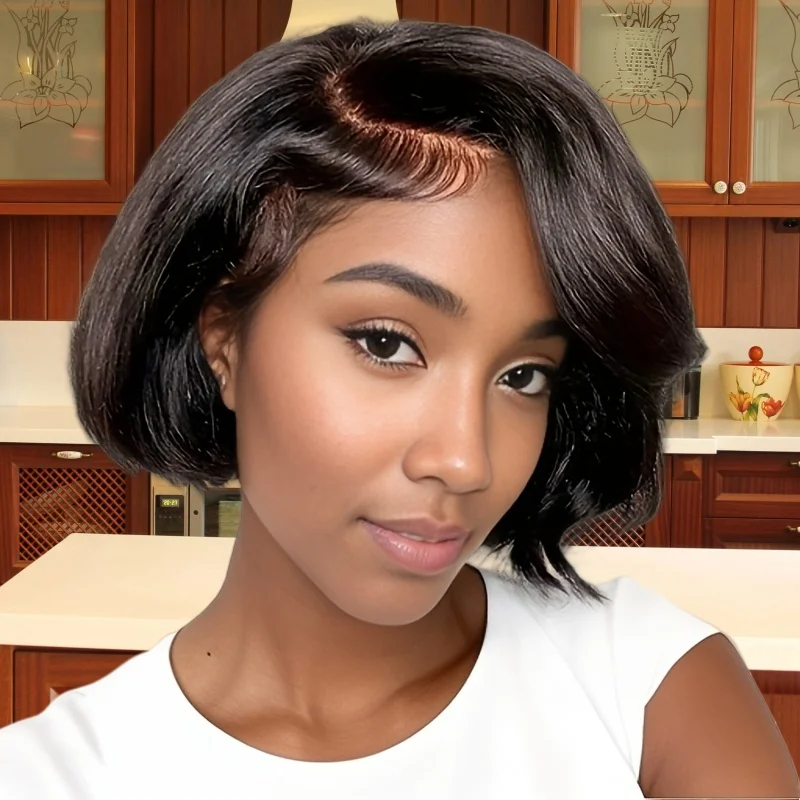 Wig Renda Transparan Potongan Pixie 13X4 untuk Wanita Rambut Remy Brasil Bob Pendek Keriting