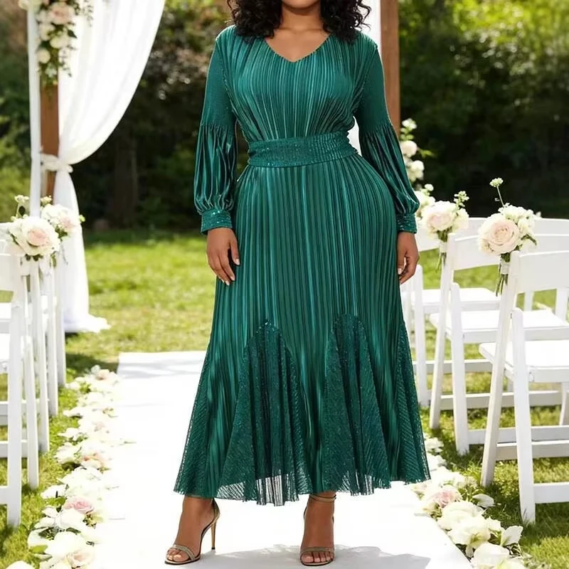ANLAN New Sequin Trim Pleated Women's Dress Elastic Loose Long Sleeve Belted Waist Formal Party Fashion Famel Clothing 2026 New