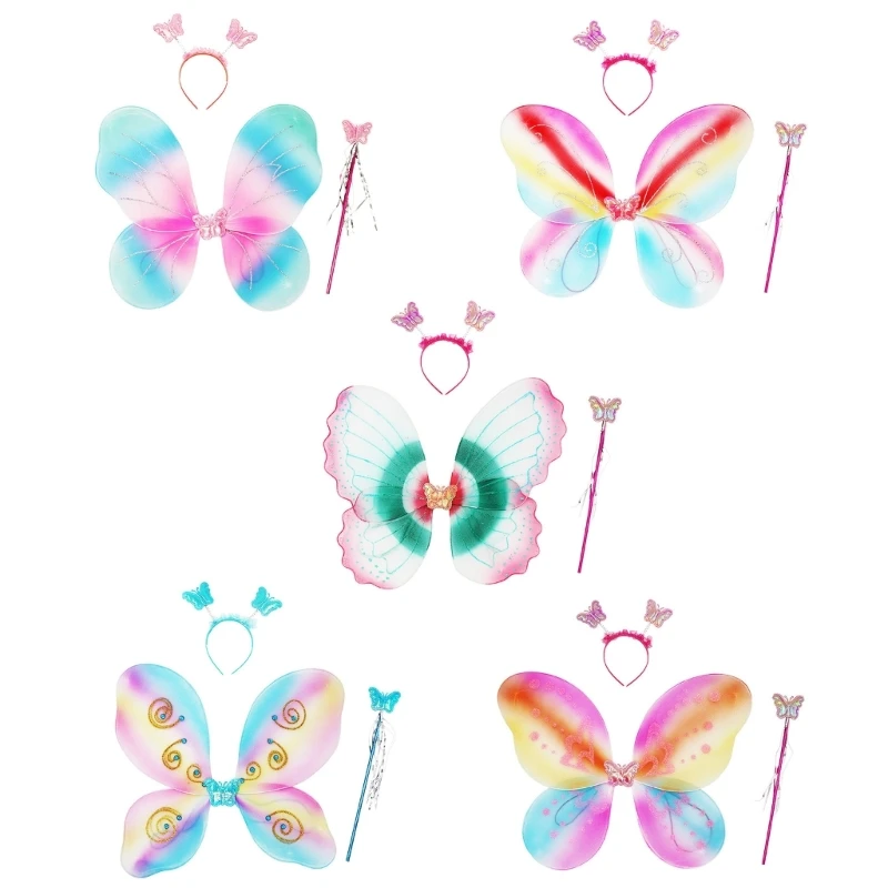 

Colorful Fairy-Wings with Wand Headband Butterfly Wings Angel Costume Dress Up Halloween Costume Wings for Girls 40JC