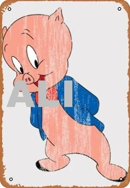 Metal sign - Porky Pig Retro Cartoon Character Worn Look Gift Poster Bar Wall Decor 8 X 12 Inch sign