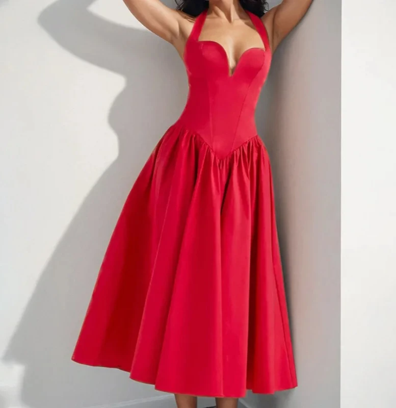 Dames Halter Hals Sweetheart Jurken Nieuwe Zomer Effen Kleur Elegante Formele Party Prom A-lijn Jurk