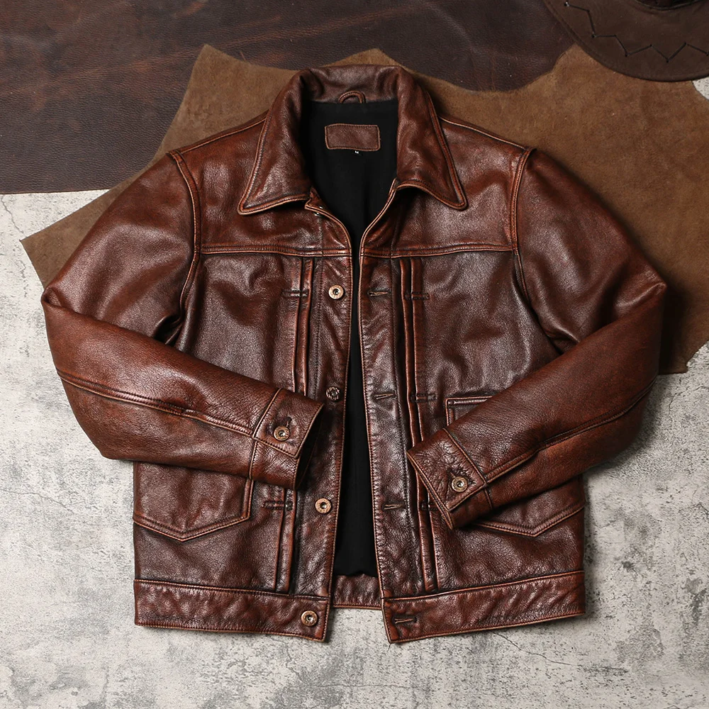 

Retro Faded Genuine Leather Jaet ort Collar Workwear Sle Men's Top Layer Cowhide Outerwear Faion Urban Casual