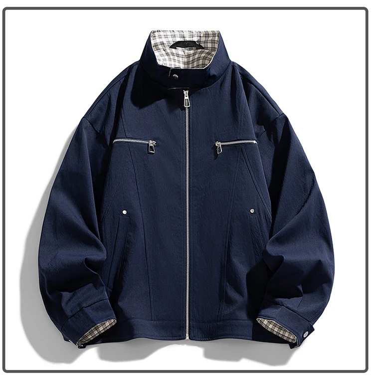 Herren Stehkragen-Freizeitjacke – Einfarbige, locker sitzende Windjacke mit Reißverschluss und Karofutter, Streetwear-Oberbekleidung – Detail 8