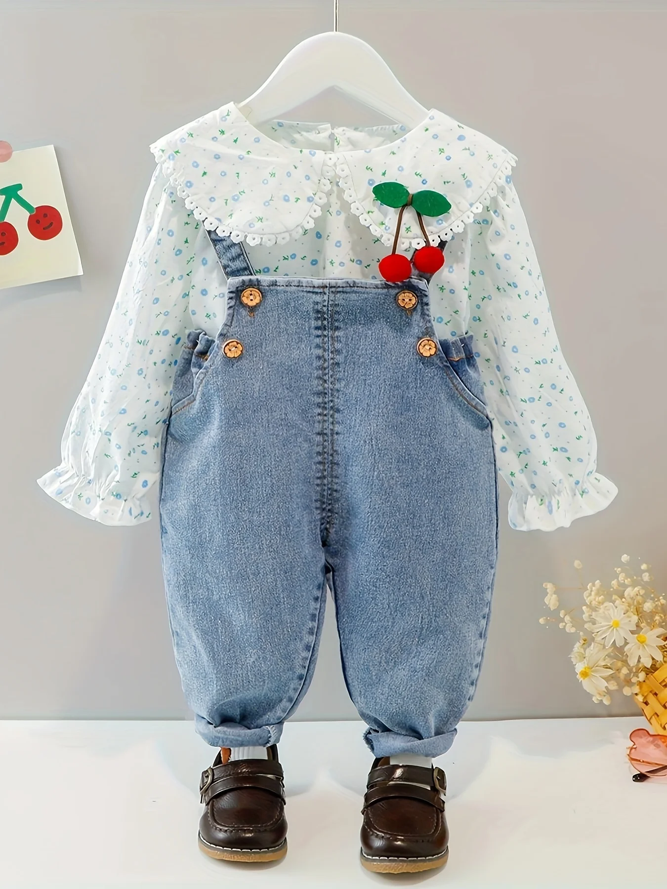 

Girls' spring and autumn new fashion cute doll neck cherry jeans suspender Pants Girls' baby suit