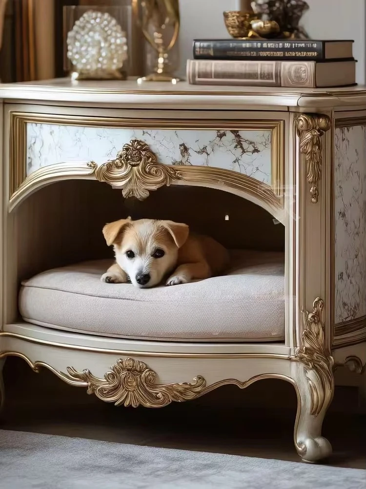 American retro wood carving bedside table, dog house design, shared furniture between people and pets
