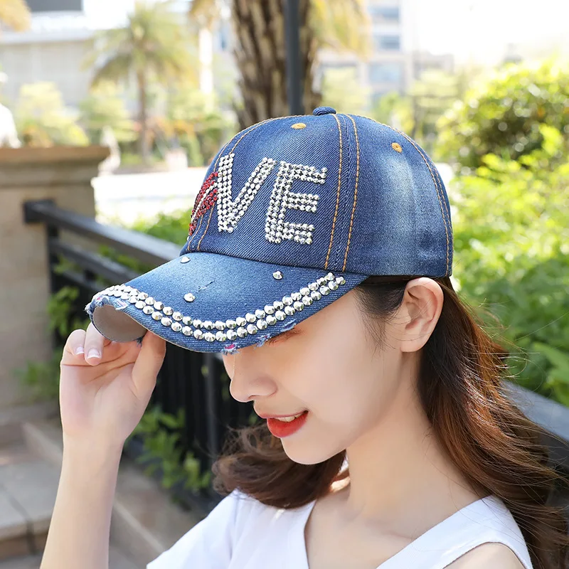 3Pcs Rhinestone Women Baseball Caps Adjustable Cotton Denim Sun Hat Bling Baseball Cap for Women - Fancy Denim Bejeweled Sun Hat main image 4