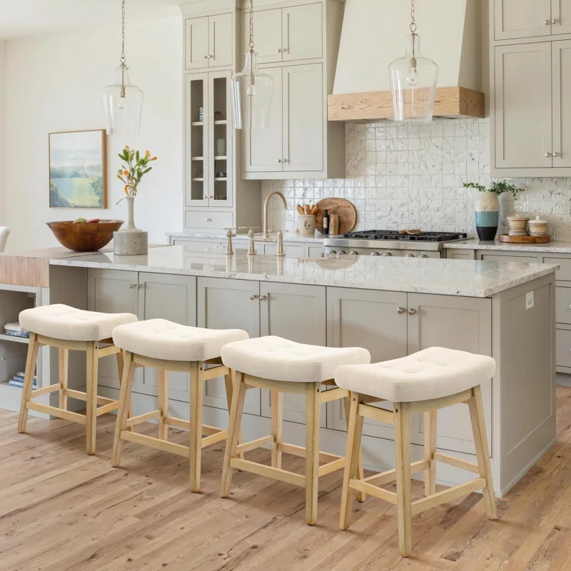 

Set of 4 Backless Farmhouse Counter Stools, 24 Padded Fabric & Solid Wood, Khaki Kitchen Island Bar Chairs