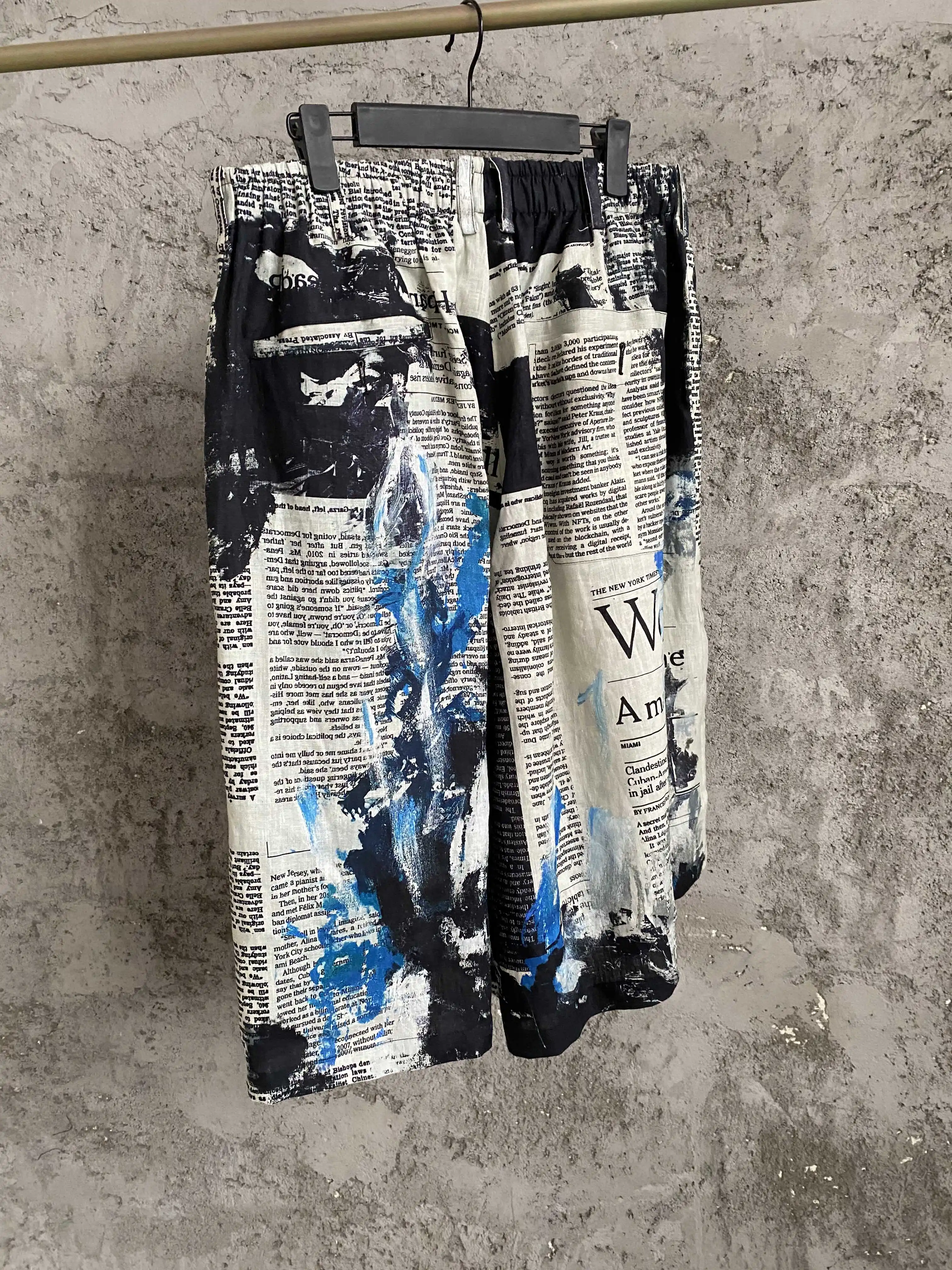 

TOP-YAMAMOTO paint newspaper print capri pants workwear shorts men hip-hop street