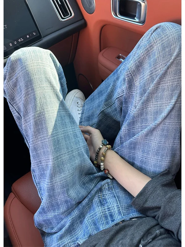 

Retro American Waed Plaid Men's Jeans Loose Straight Summer Thin Breathable Casual Long Trousers Youth Trend Cotton Blend