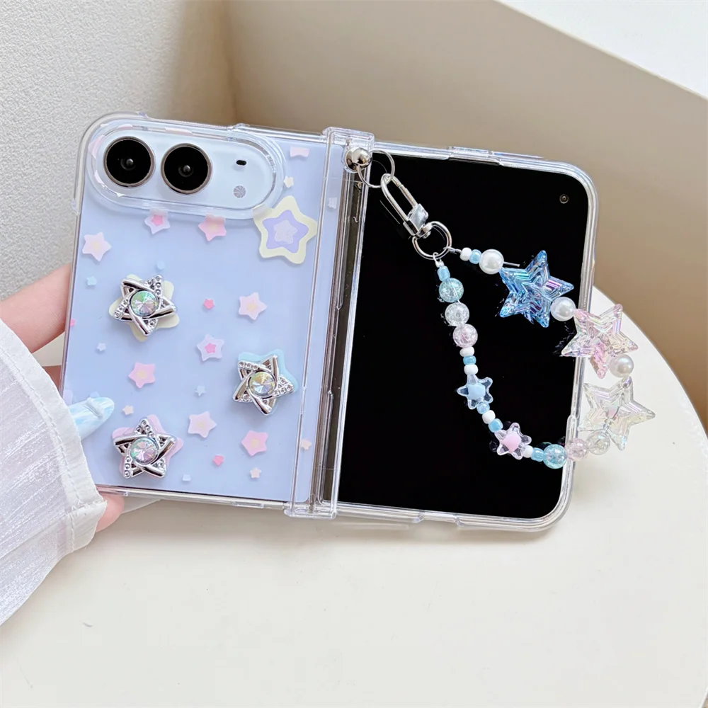 Cute Pastel Starry Phone Case For iPhone Duo with Double Star Holder and Iridescent Beaded Chain Wrist Lanyard Dreamy Gift Cover