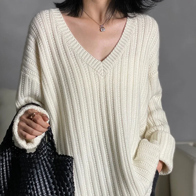 

Lazy wind V-neck 100 pure cashmere sweater women's 2023 spring Korean version loose high-end long sleeve pit strip long sweater