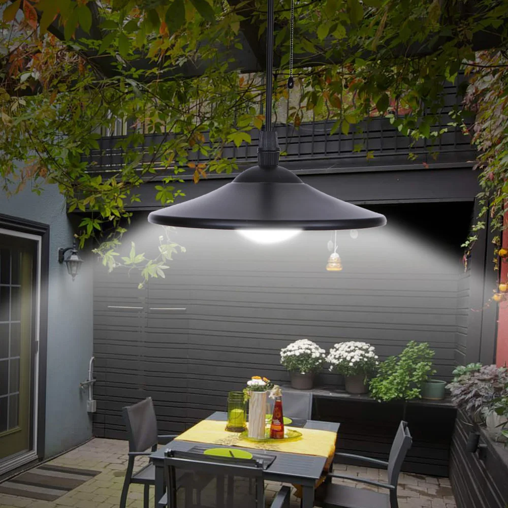Solar Pendant Light 2 Control Modes 8 LED Solar Shed Light with Remote Control and Pull Cord Switch for Indoor Outdoor