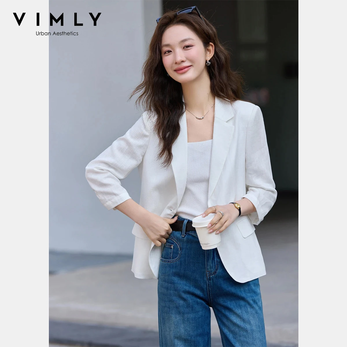 VIMLY Women's White Blazer 2026 Old Money Style Three Quarter Sleeve Single Button Jacket Versatile Office Lady Blazers A5171