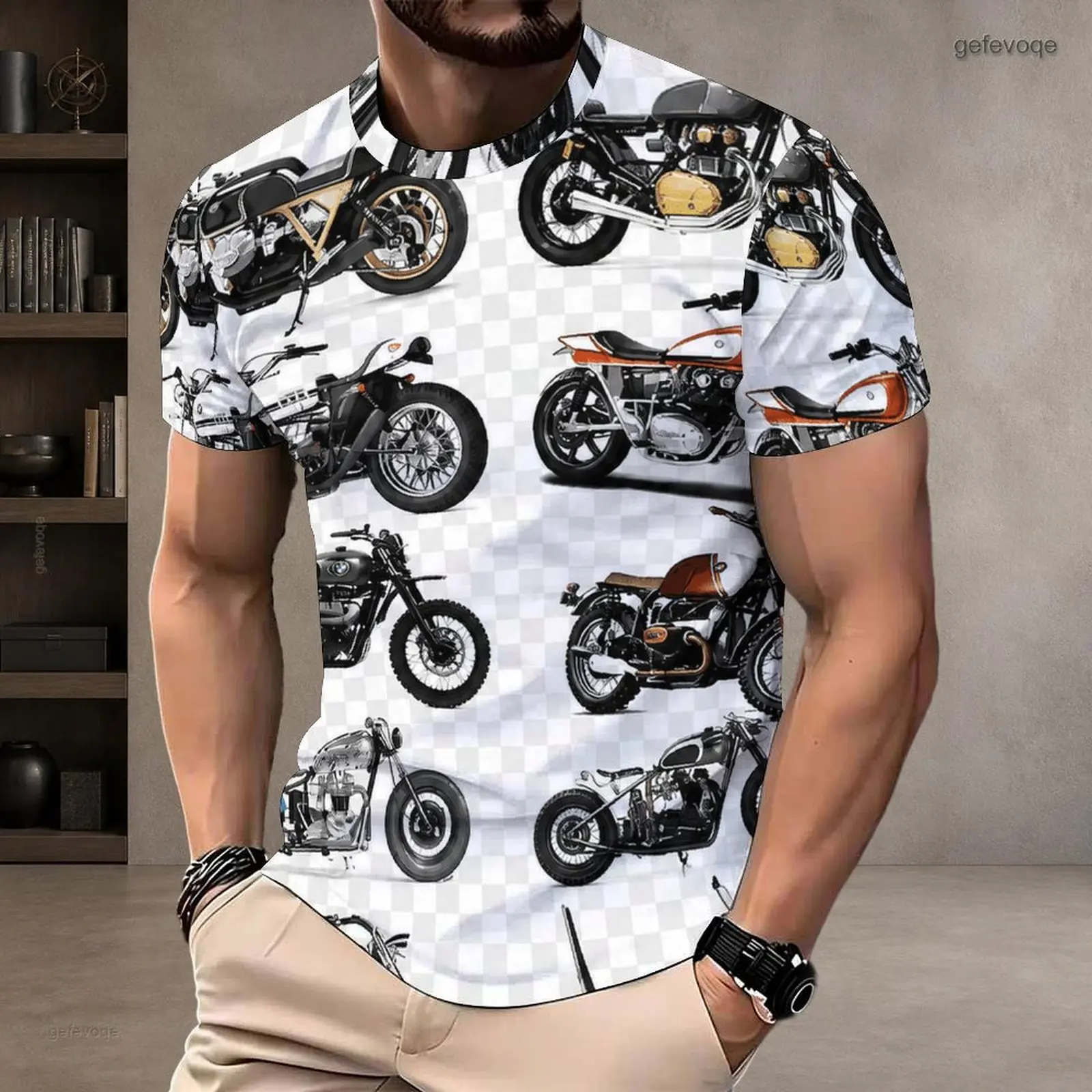 Men Round Neck Short Sleeve Printed T-Shirt, Cartoon Tiger Bulldozer BIG Dozer Graphic White Checkered Tee