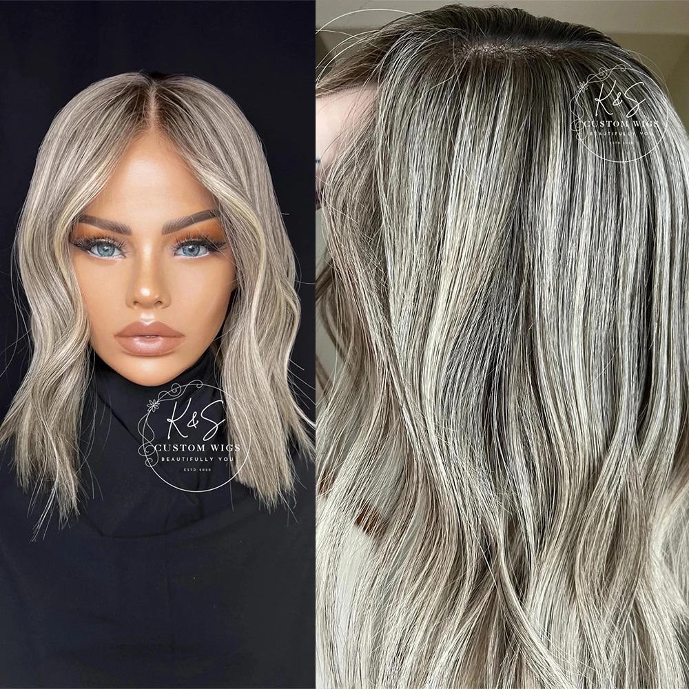 

Синтетический парик-боб серебристо-русого цвета, длиной до плеч, с естественной волной, из термостойкого волокна, с корнями цвета «пепельный шоколад», без клея, для женщин