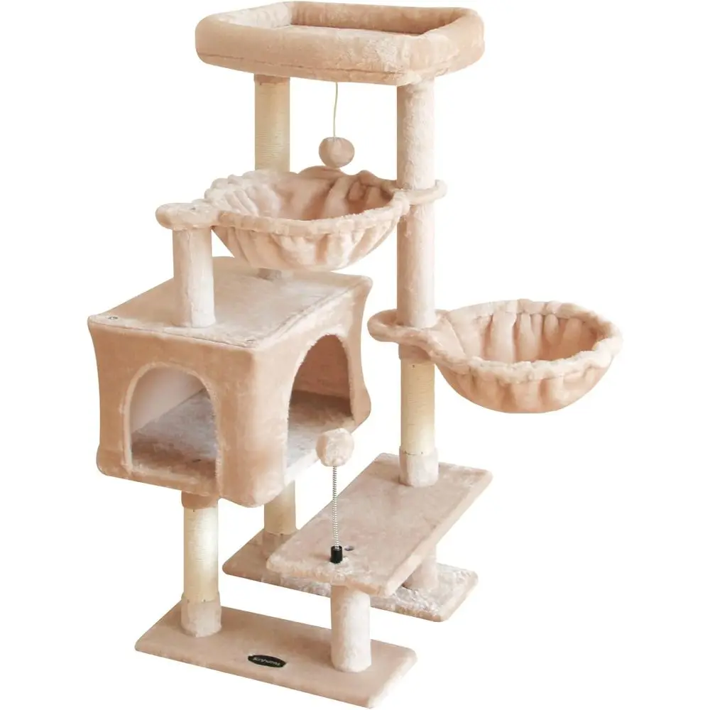 

Многоуровневый игровой комплекс для кошек: когтеточка из сизаля, гамак, лежанка и игрушки-мячики, бежевый