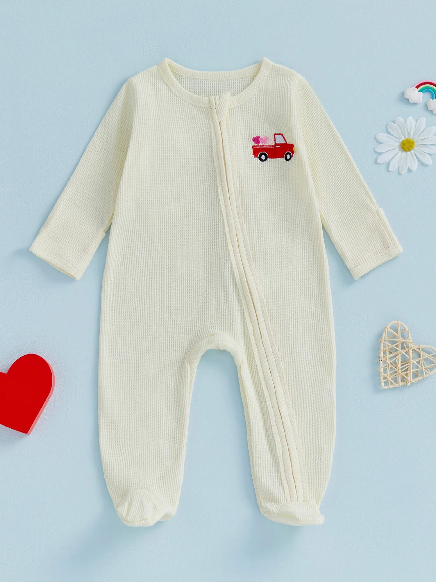 

Adorable Baby Boy Romper with Cute Dinosaur Print Cozy Long Sleeve Round Neck Zip Up Footed Jumpsuit for Valentine s Day