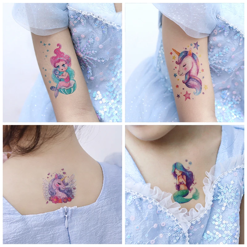 Glitter Rainbow Mermaid Unicorn Tattoo Sticker Kids Temporary Waterproof Face Arm Body Art Fake Tattoos Children Festival Makeup