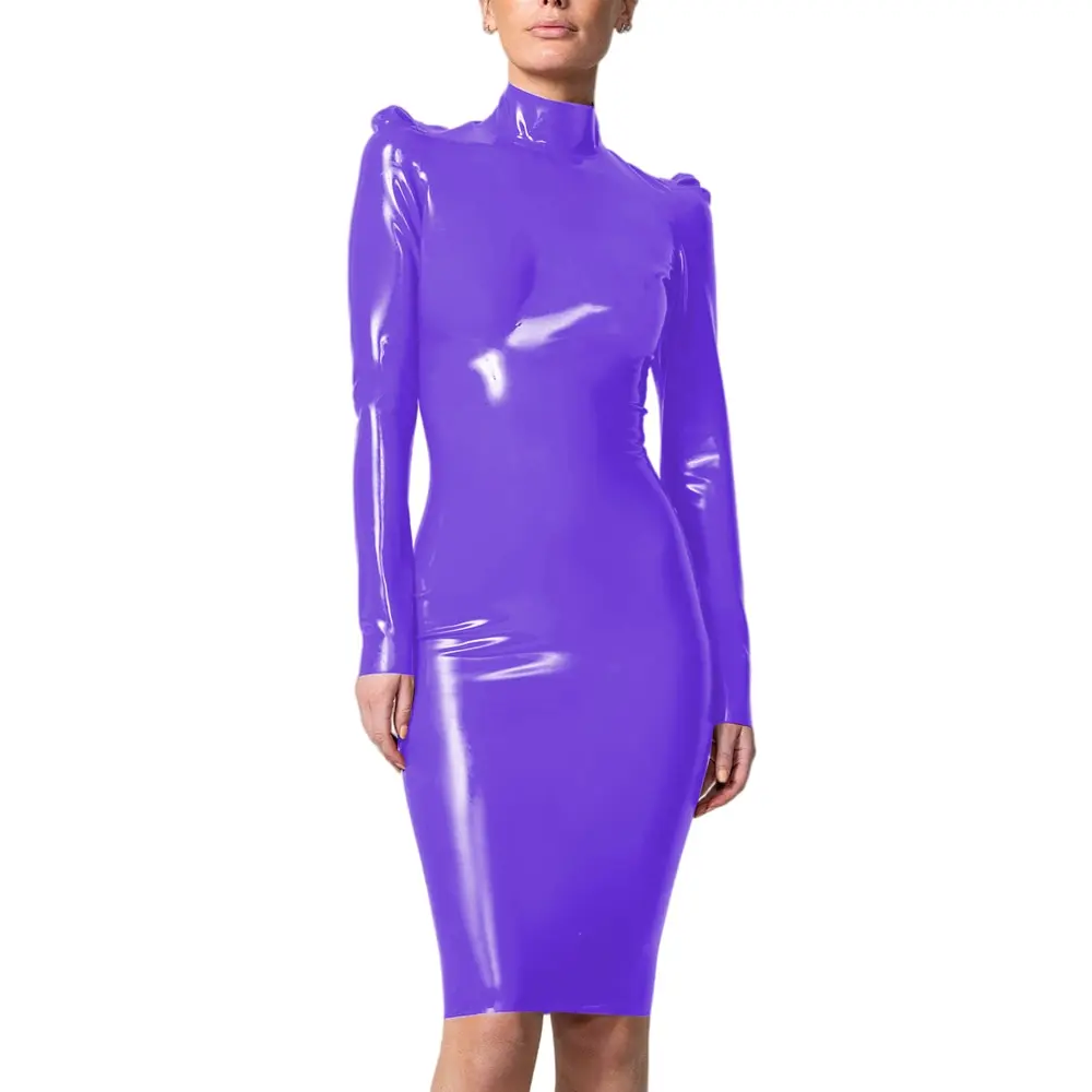 Women's Elegant Shiny PVC Leather Dress, Puff Shoulder Bodycon Midi Dress, Wet Look, Office Lady Turtleneck Pencil Long Dress