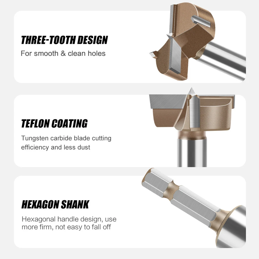 1PC Three Teeth Double Edge Opener 10-50mm Alloy 6.35mm Hexagonal Shank Professional Woodworking Plastic Expanding Drill Bit