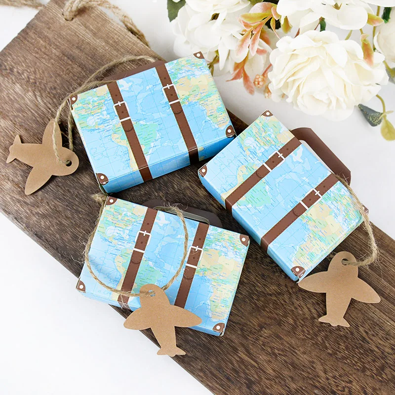 5pcs/10pcs Candy Box Mini Suitcase Packaging Box Cartoon Airplane World Map Travel Candy Box Wedding Party Packaging Supplies