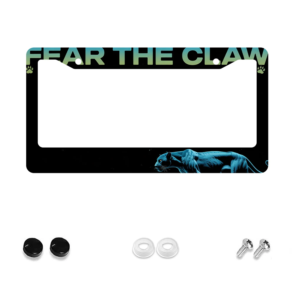 

1pc Black and Blue Color Fear The Claw Panther Pattern 2 Hole License Plate Frame, Aluminum Material, 6x12 Inches, with Screw K