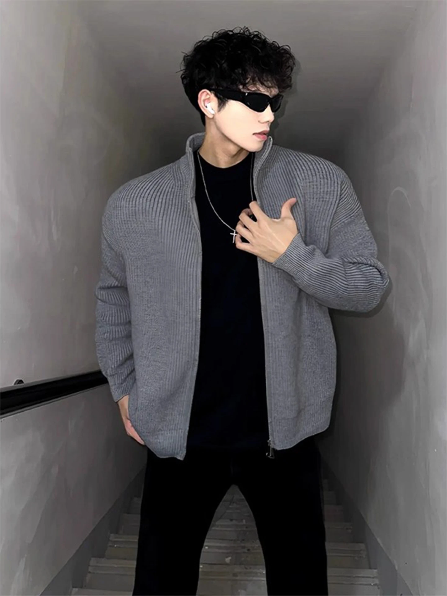 

Мужской вязаный кардиган на молнии с воротником-стойкой, свободного кроя, осенне-зимний, в корейском стиле, свитер-пальто