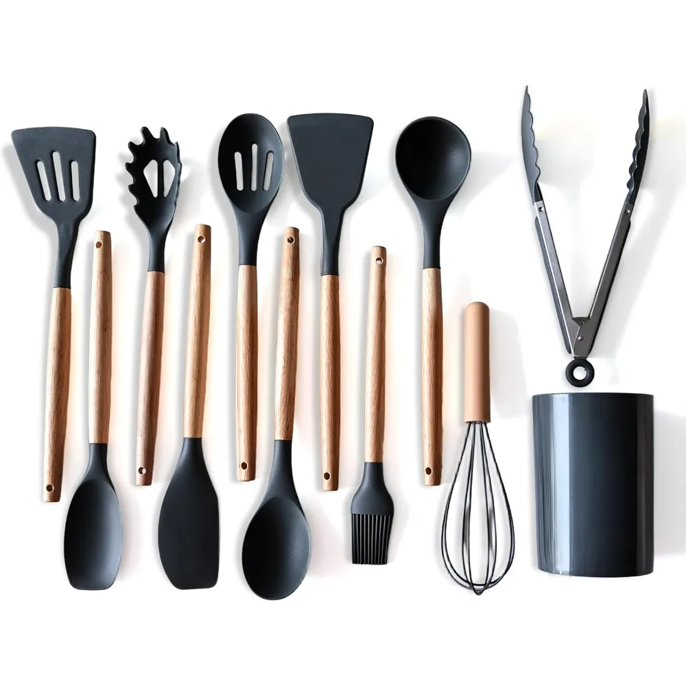 

silicone cooking utensil set,12 pcs cooking cookware kitchen utensils set, nonstick 446°f heat-resistant cookware kitchen tools