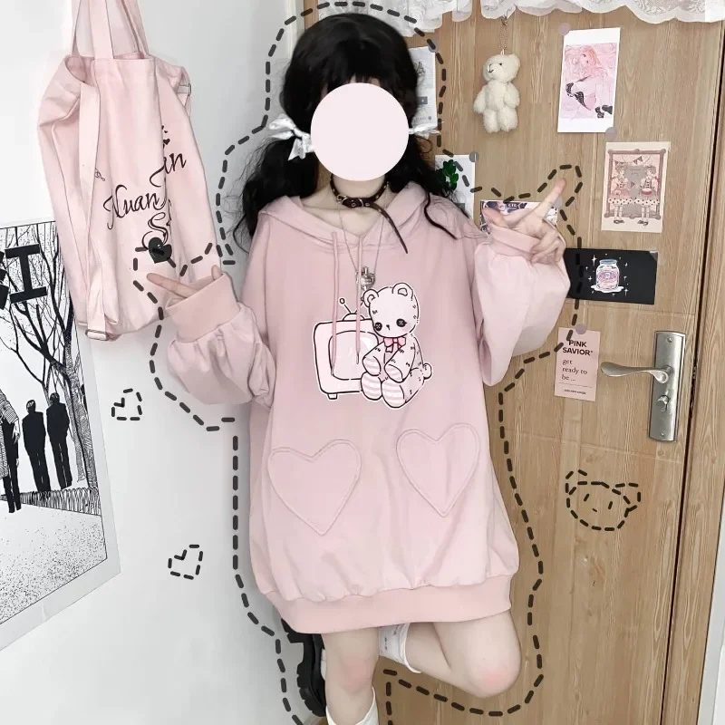 Hooded Japanese Cartoon Bear Kawaii Sudadera Loose Preppy Style Autumn Sweatshirts Black Long Sleeve Women Y2k Sweet