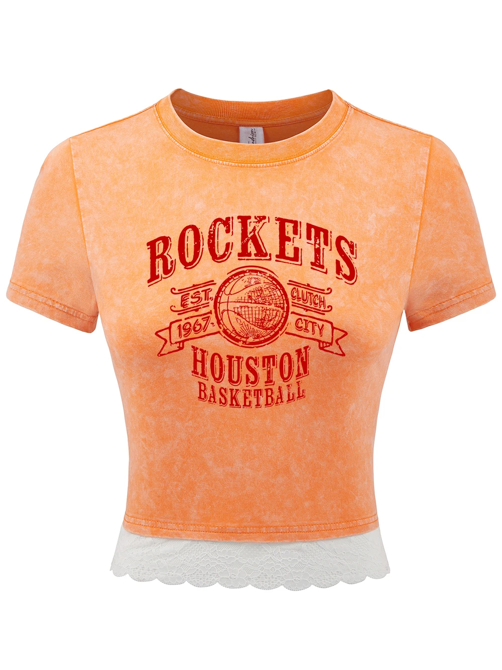 

Хлопковая стираная футболка с принтом Rockets Houston, женские летние укороченные топы с кружевным подолом и круглым вырезом, футболки обычного кроя, повседневная одежда