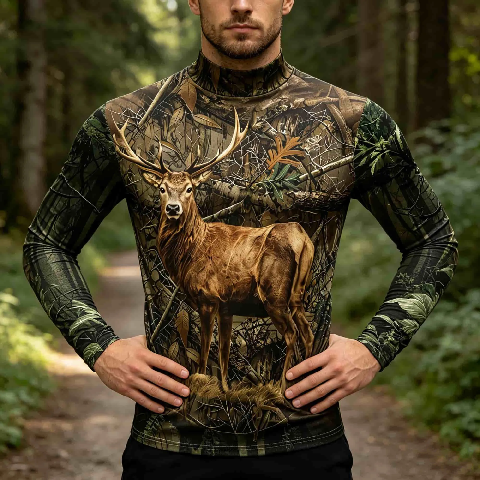 Hunting Outdoor Style Men 3D Deer Forest Camo Graphic Mock Neck Long Sleeve Casual Tee For Autumn