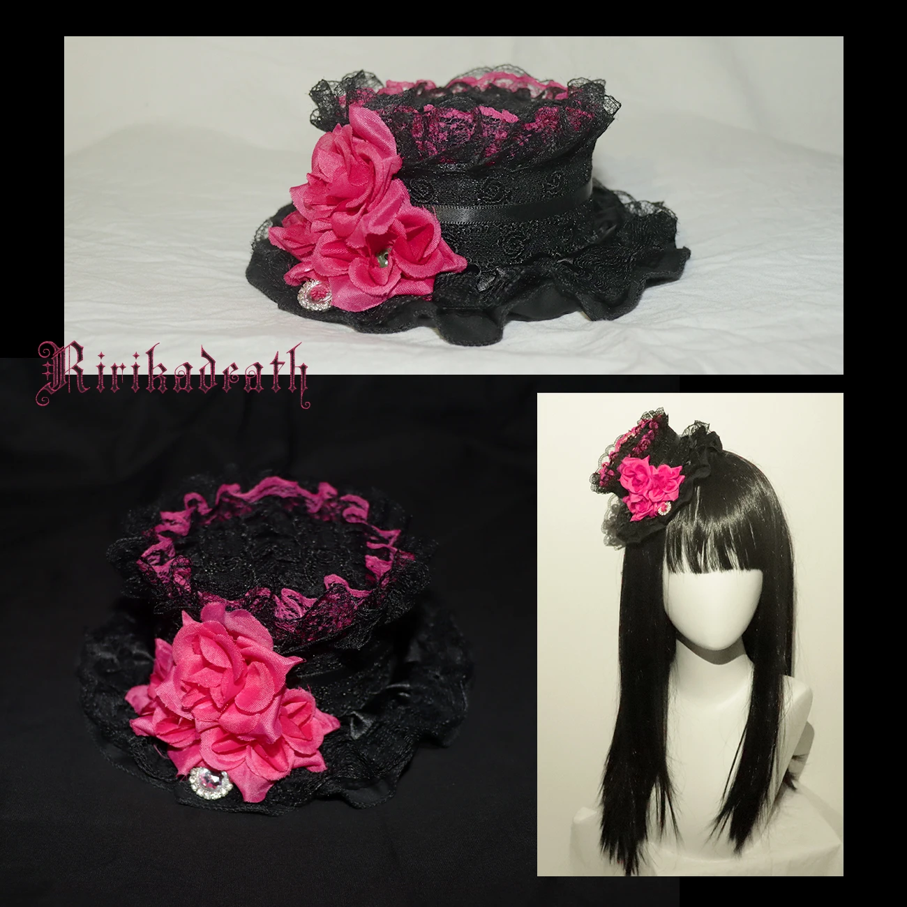 Gorro pequeño de encaje vintage, cinta de horquilla, pinza para el pelo lolita negra y rosa, accesorio de Cosplay de Anime, accesorios para el cabello de lujo