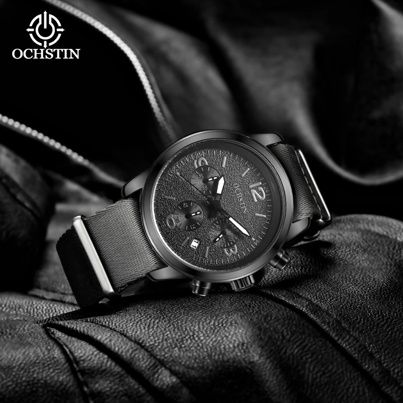 OCHSTIN Waterproof Nylon Strap Original Multifunction Quartz Movement Calendar Watches Chronograph Dark Moto Style Male Clock