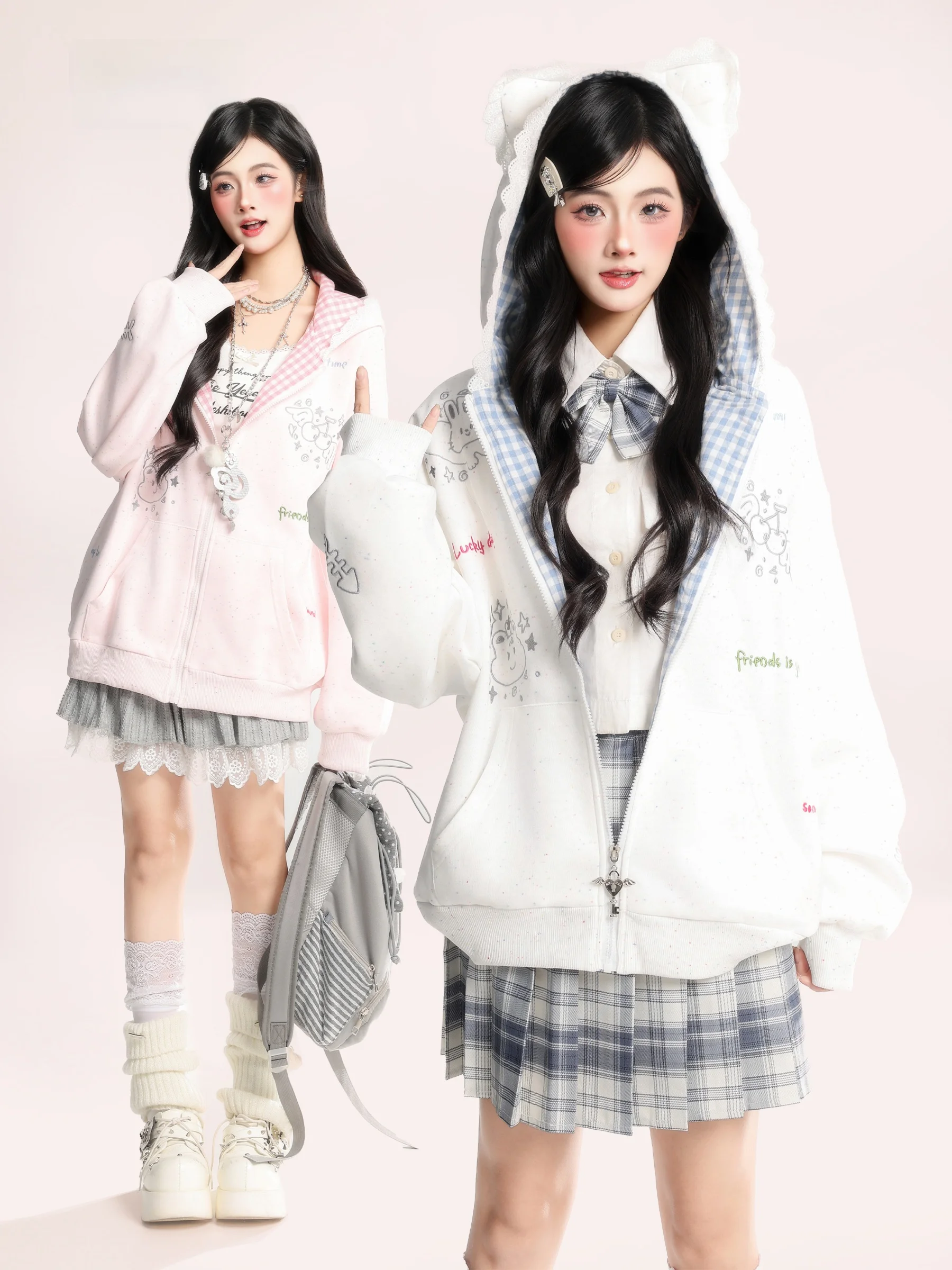 

Корейский милый клетчатый кардиган с капюшоном и вставками, женский свободный свитшот в университетском стиле, новинка весны, с дизайнерскими ушками, в стиле кэжуал