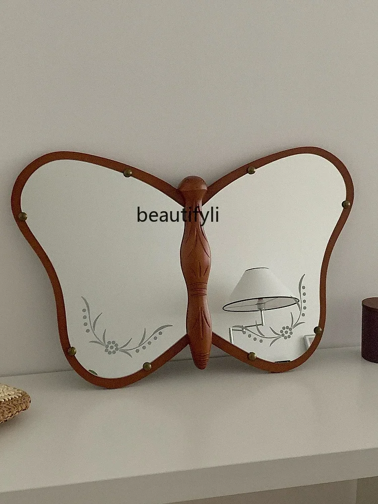 Middle Ancient Art Handmade Solid Wood Butterfly Mirror Living Room Bedroom Comb Makeup Mirror Entrance Wall Hanging Decoration