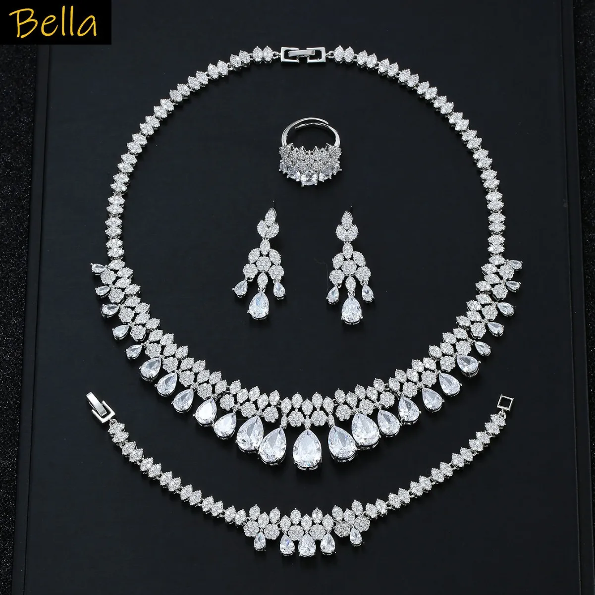 

4pcs jewelry sets luxury zirconia earrings necklace water drop plant pendant yellow purple white jewelry wedding party gift