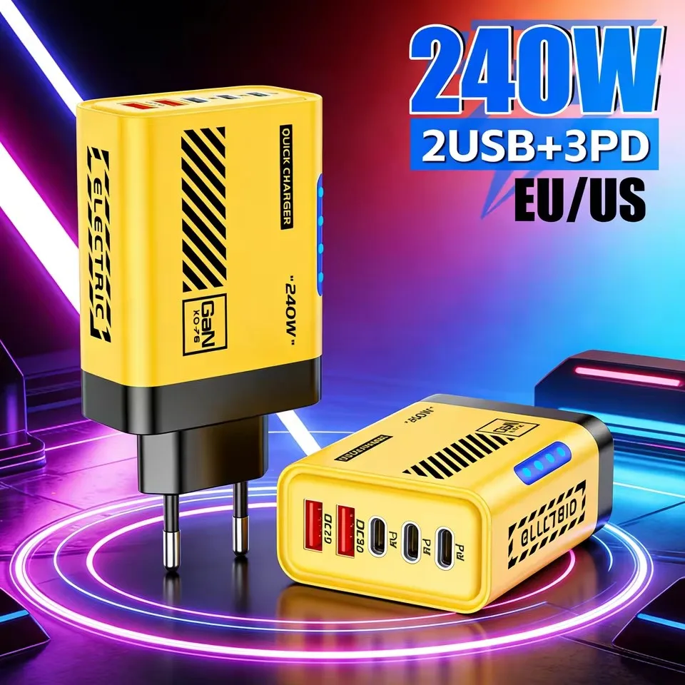 240W Super Fast Charging Charger 5 in 1 LED Light 5Port GaN Phone Charger Adapter 10A Cable For iPhone Xiaomi EU/US Plug Charger