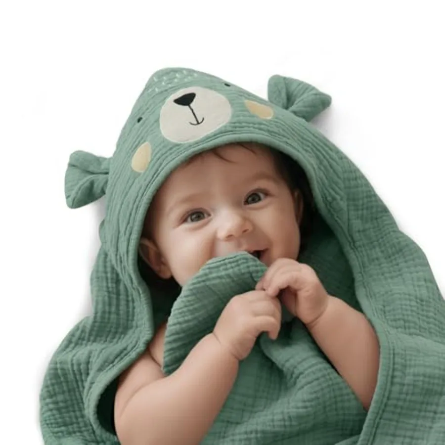 

Blissful Diary Muslin Baby Hooded Towel, Soft and Absorbent Bath Towel for Newborn, Infant, Toddler, Unisex, 32″x32″