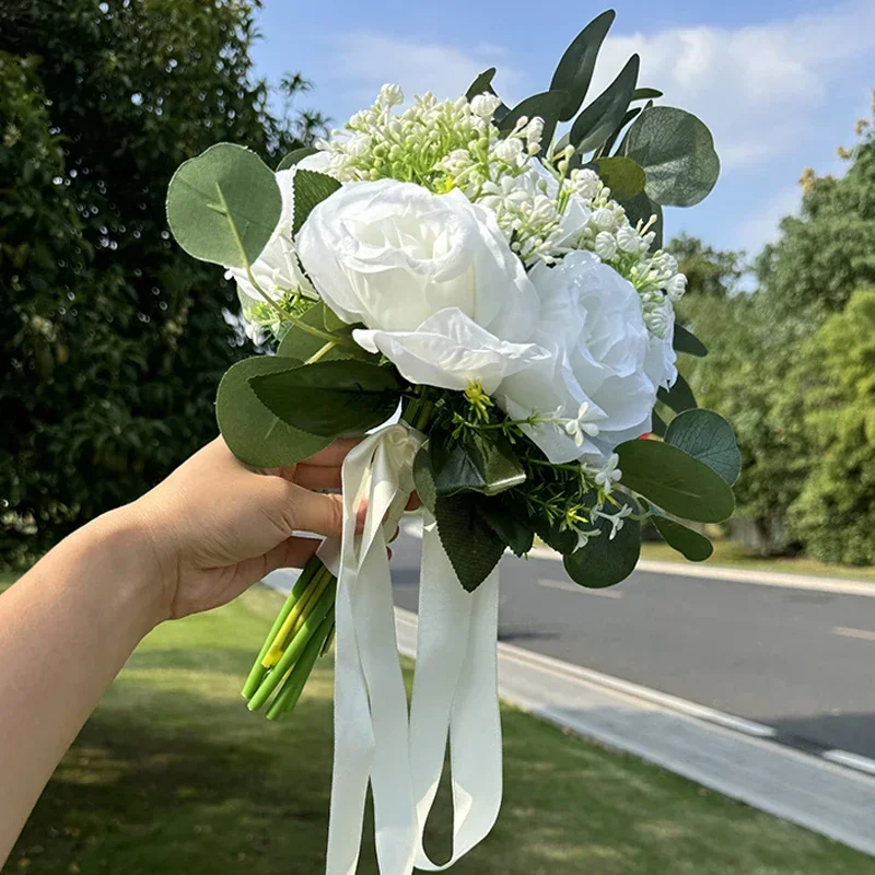 1 ramo de novia Artificial, rosas artificiales, ramos de boda blancos para novia, ceremonia de boda y decoración de aniversario de boda