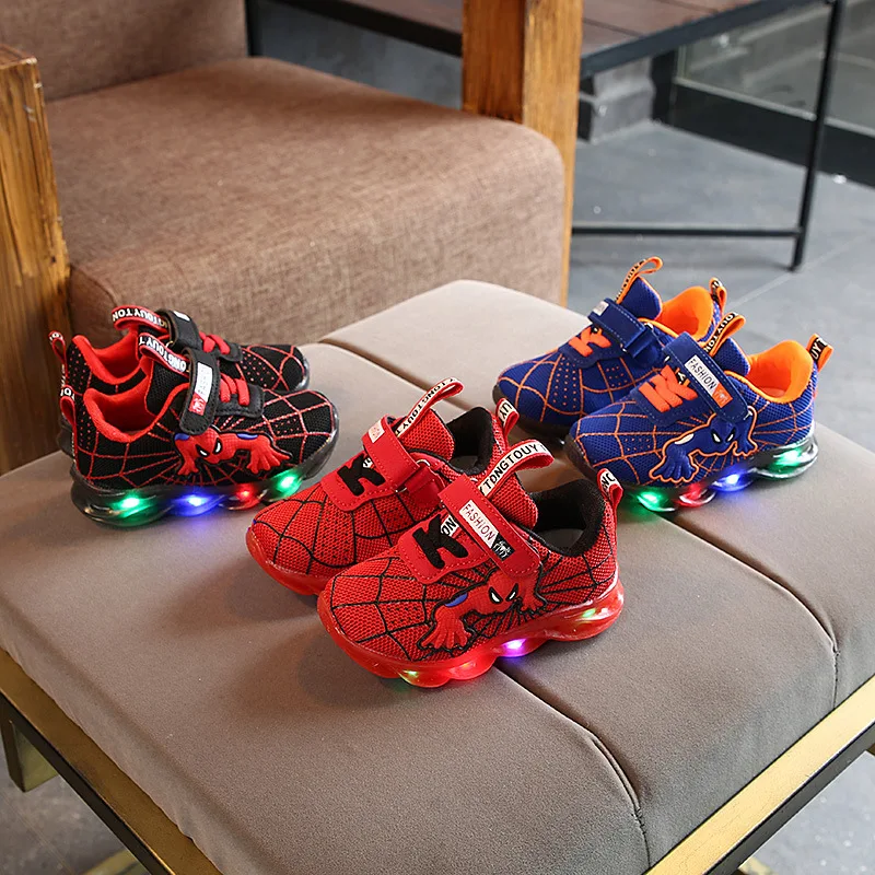 

Disney LED Casual Sneakers Red Black For Spring Boys Spider-man Mesh Outdoor Shoes Children Lighted Non-slip Shoes Size 21-30
