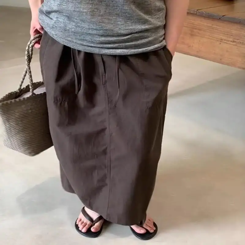 

Cafe Brown Quick Dry Drawstring Workwear Skirt Women Summer Elastic High Waist Slim A-Line Skirt Commute Korean Style