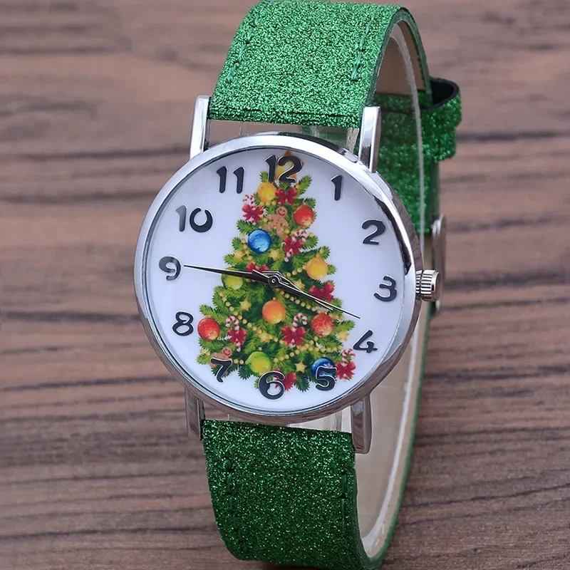 Relojes de pulsera de cuarzo informales con árbol de Navidad para Mujer, relojes con correa de cuero de Color brillante, Reloj bonito para Mujer, Reloj de regalo para Mujer