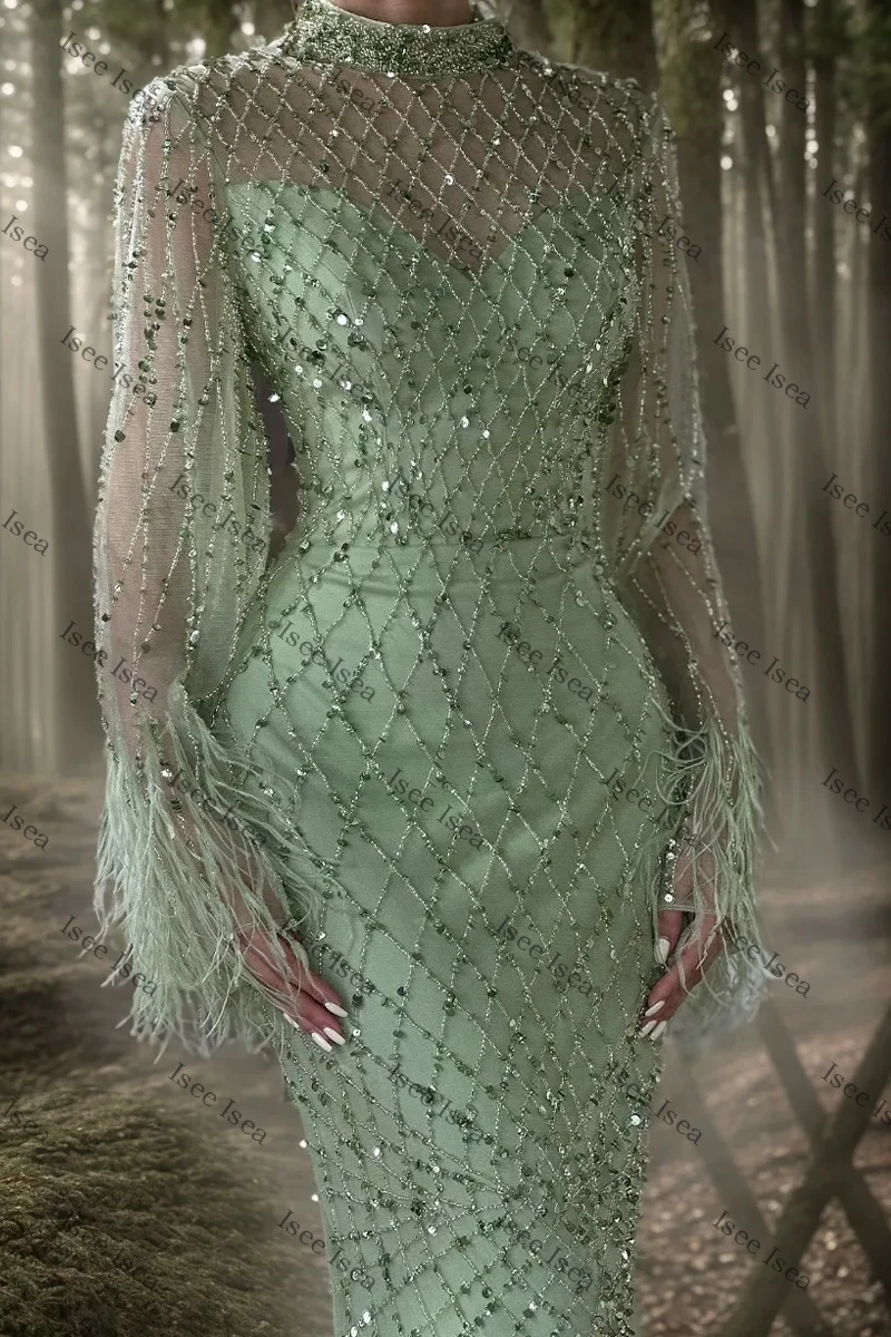 Robe de soirée vert sauge, manches longues, robe de Gala, style sirène, rose, romantique, paillettes, Maxi, col rond, robe de bal personnalisée