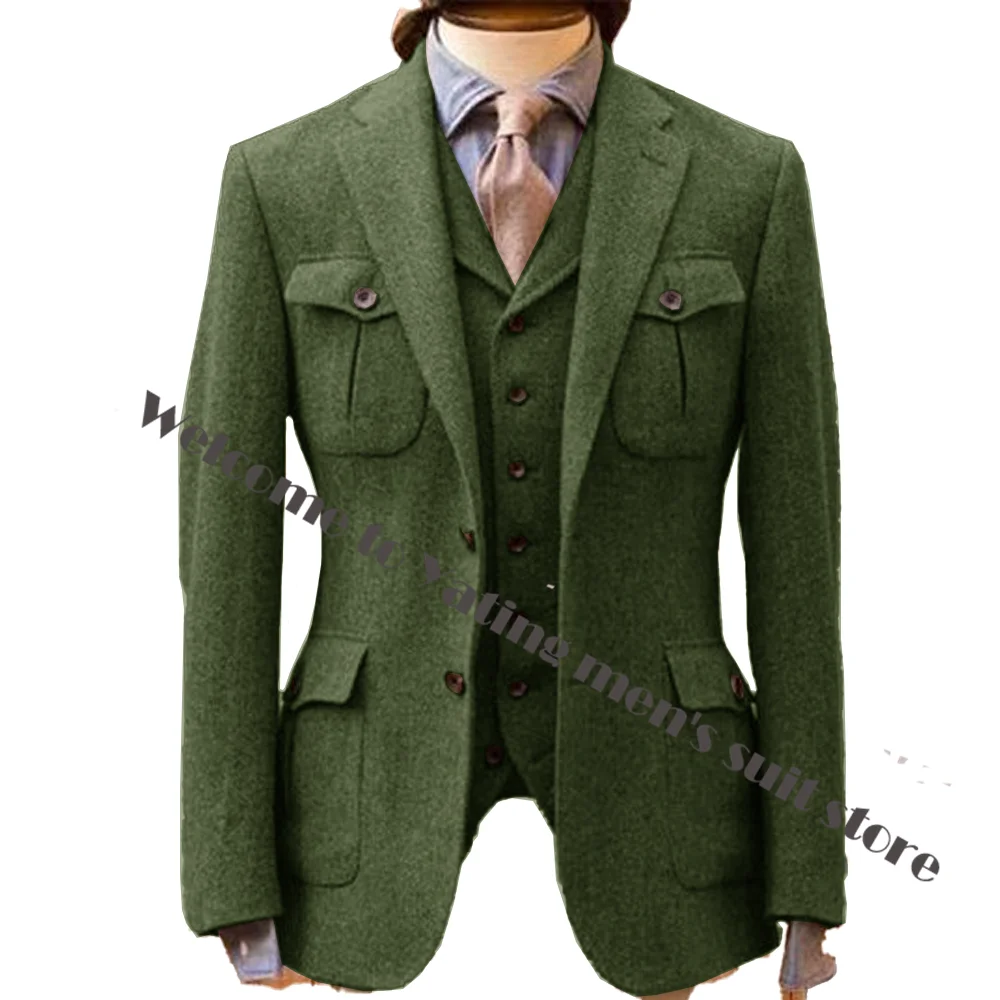 Terno masculino com padrão de espinha de peixe, calças de 3 peças, colete, jaqueta, blazer formal de negócios, roupa masculina bonita