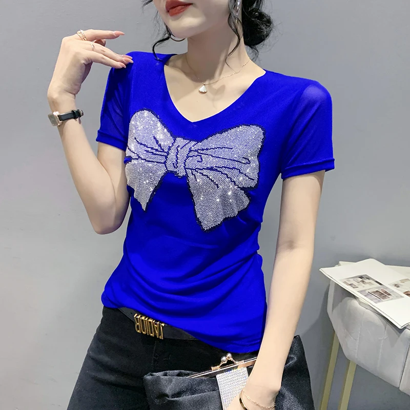 

Футболка Sexy Me V-Ne ort Sve, женский модный летний топ, блестящий уличный топ из полиэстера, нейлона, увлажняющий...