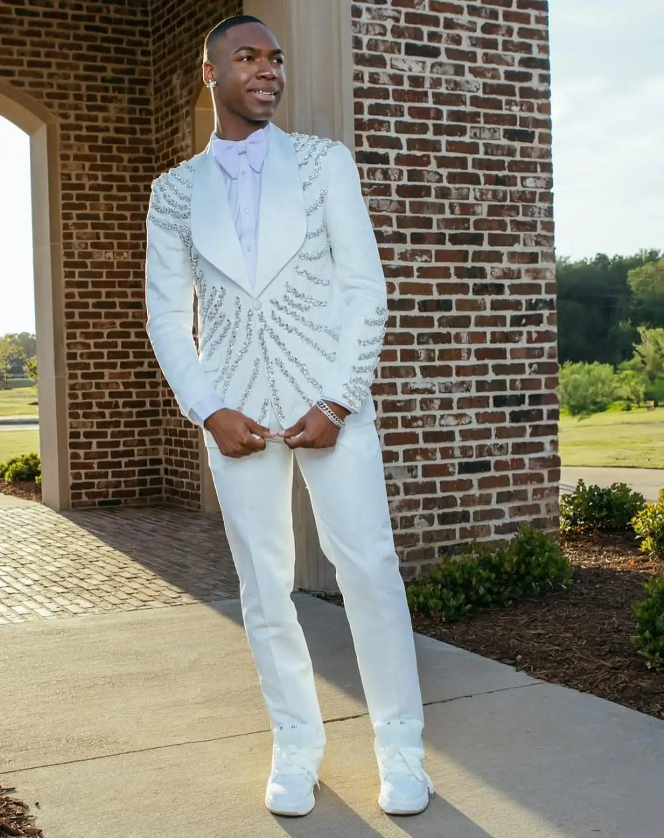 White Crystals Men Suits Set 2 Pcs Blazer+Pants Trousers Customized Luxury Groom Wedding Tuxedo Cotton Formal Office Prom Jacket